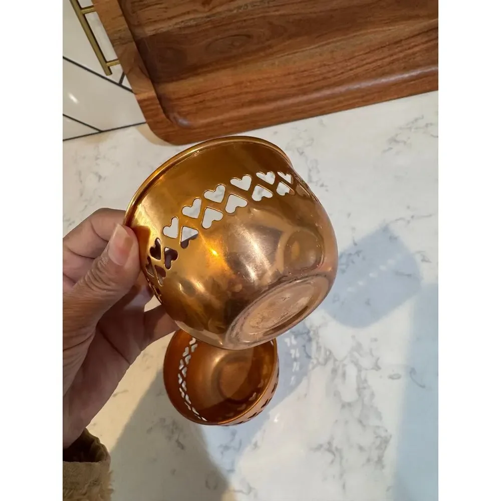 Pair of polished copper-heart cutout border 90s tea light candle holders Vintage